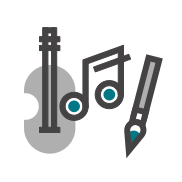 Una guitarra, una nota musical y el icono de un pincel Una guitarra, una nota musical y el icono de un pincel